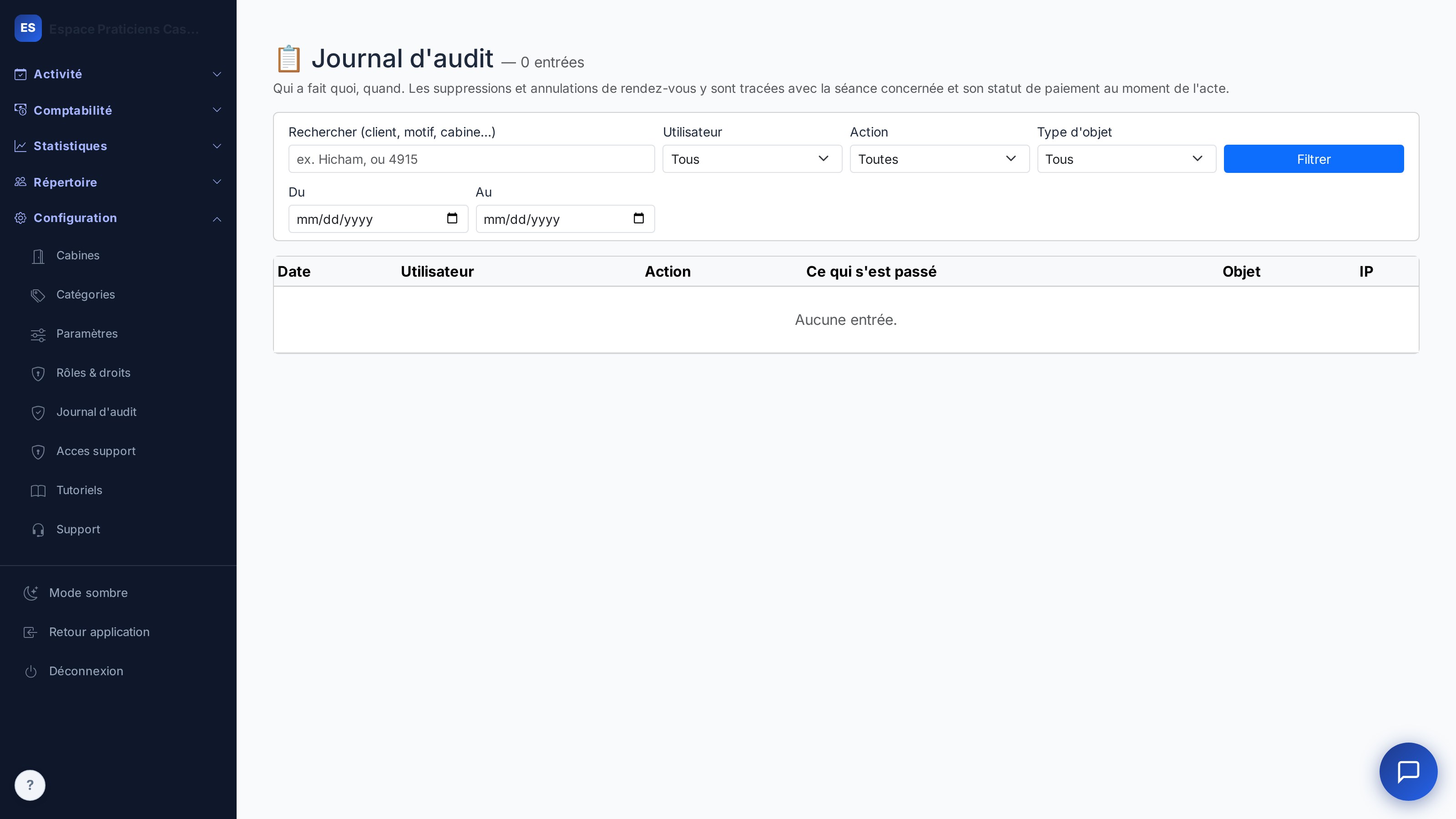 Journal d'audit — actions sensibles horodatées avec utilisateur et adresse IP