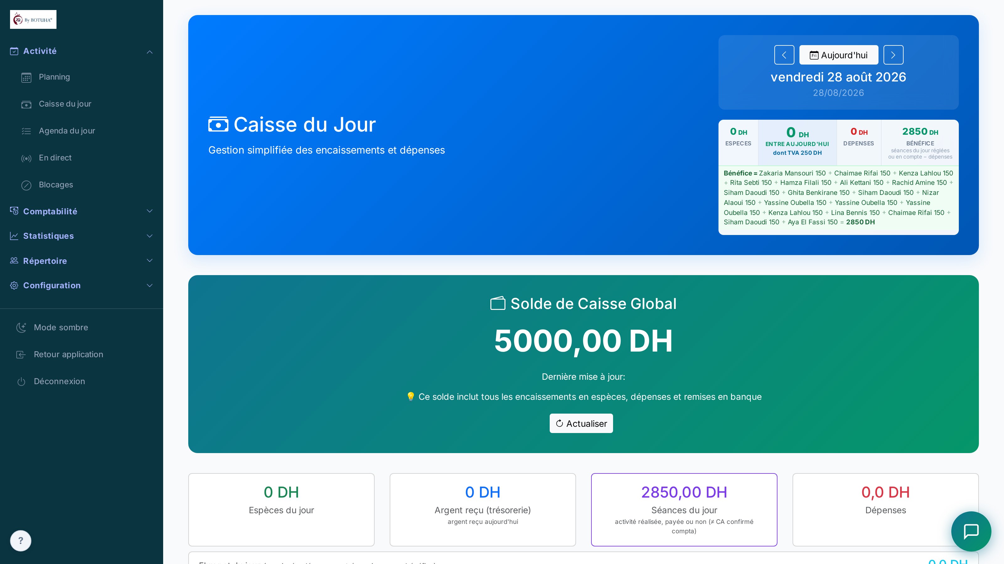 Caisse du jour — encaissement en 1 clic