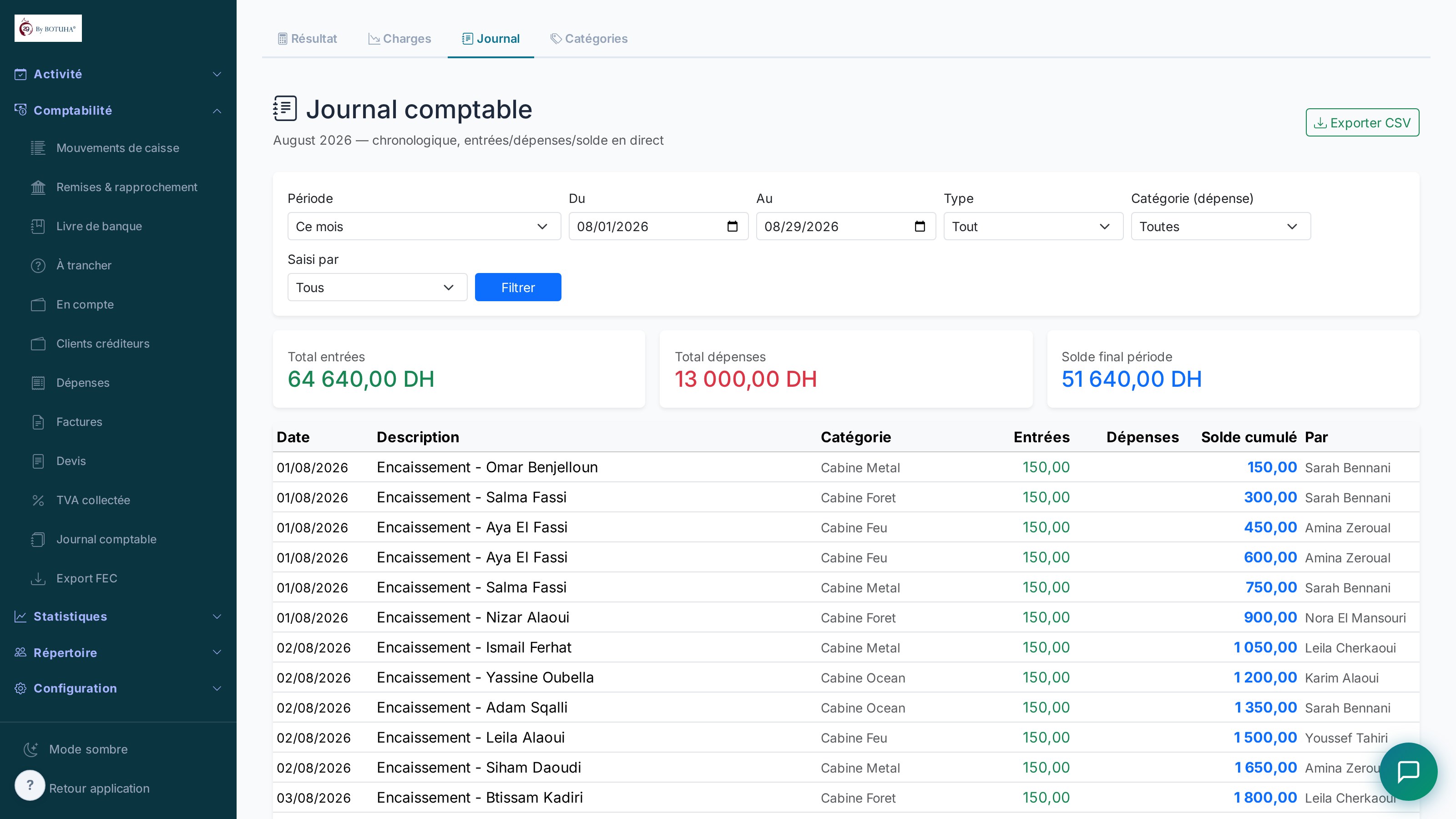 Journal comptable — entrées, dépenses et solde en direct