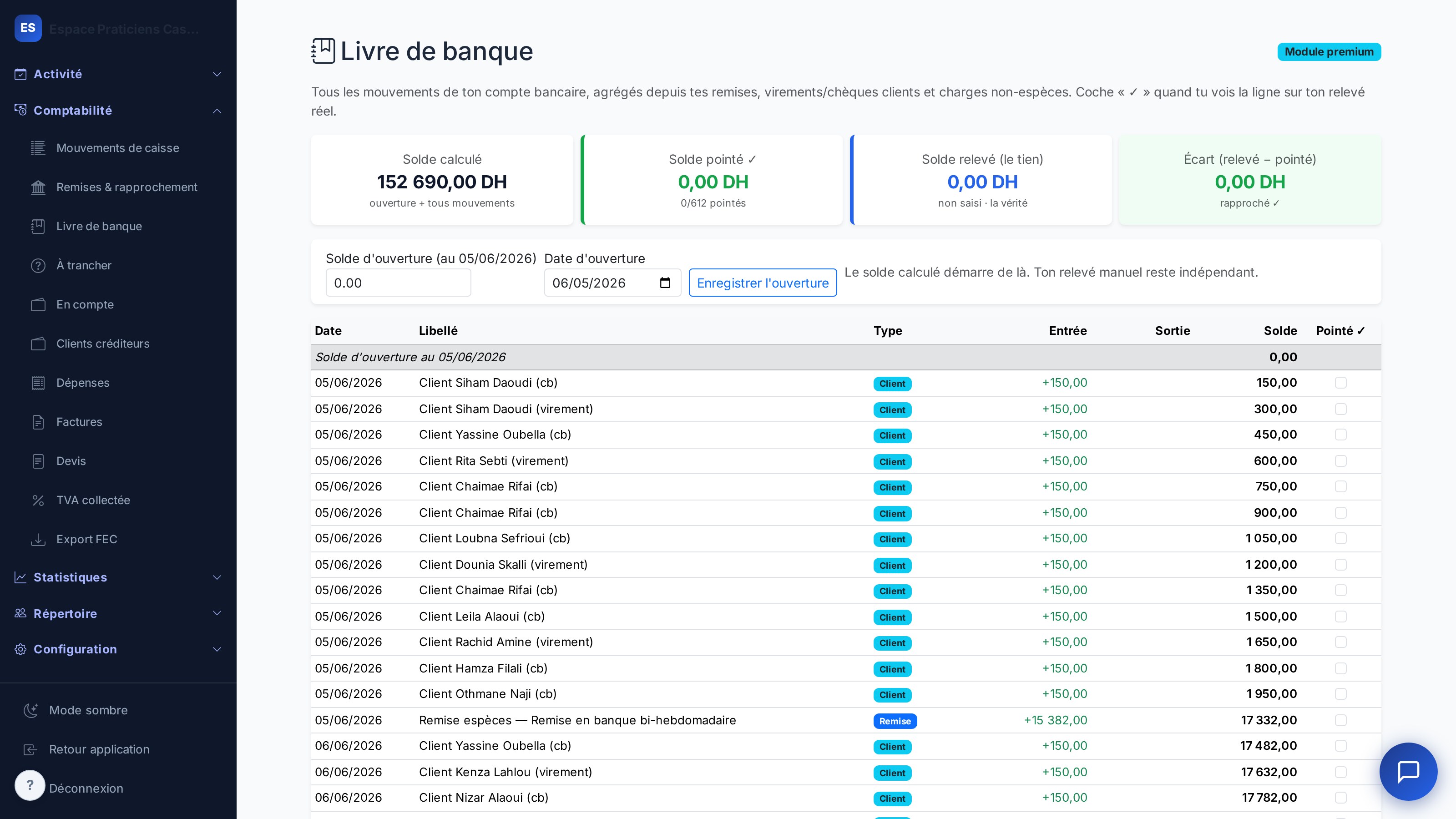 Livre de banque — journal des mouvements avec solde calculé et pointage