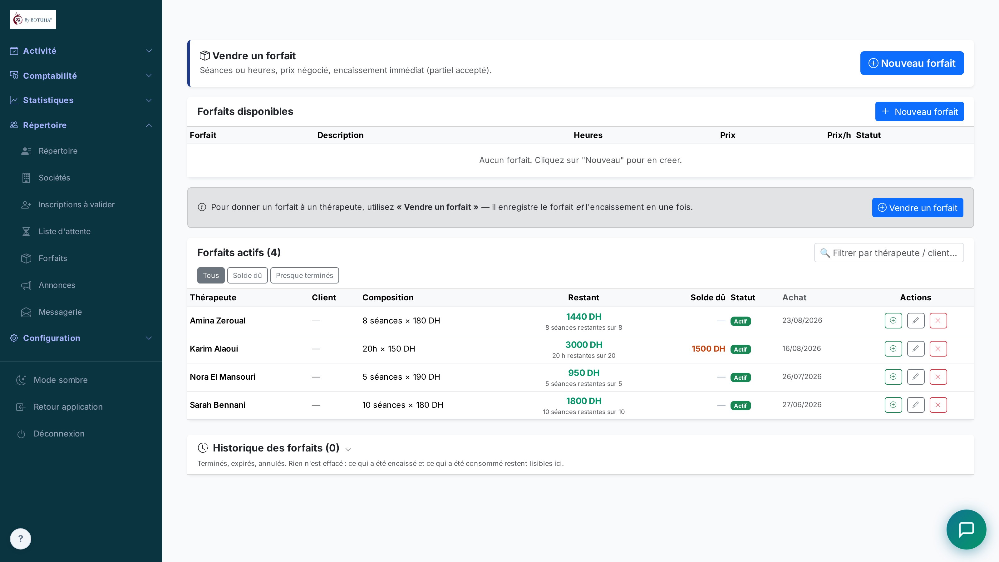 Packs et forfaits — vente, progression et solde dû