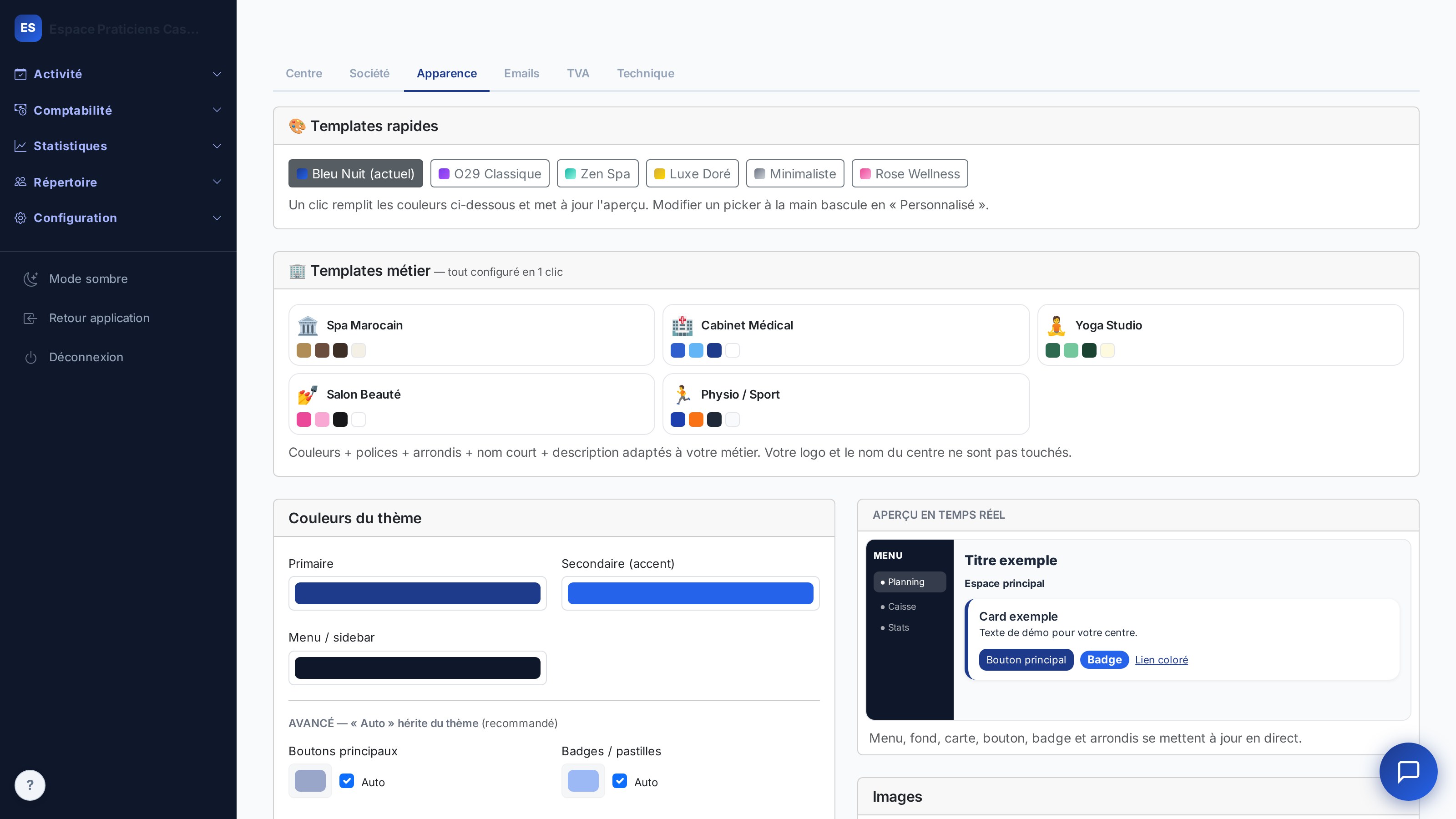 Thème premium — identité visuelle complète de l'espace