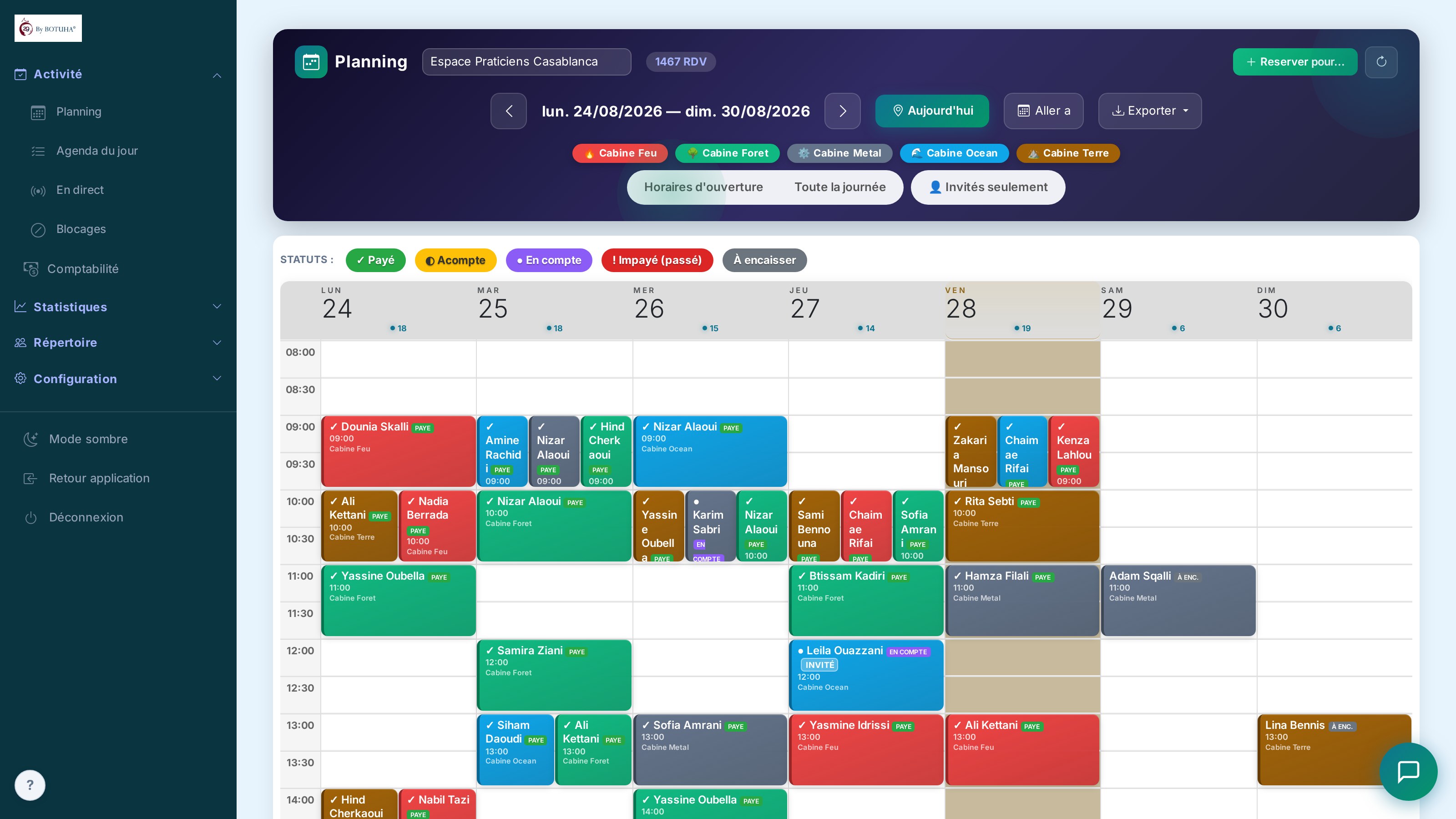 Planning des cabines — vue semaine, statut par couleur